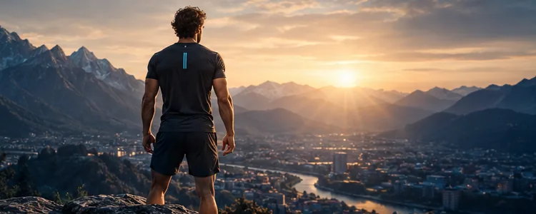 Athlete focused, overlooking the city